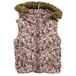 By GAP Kids White Brown Floral Hooded Puffer Vest Small